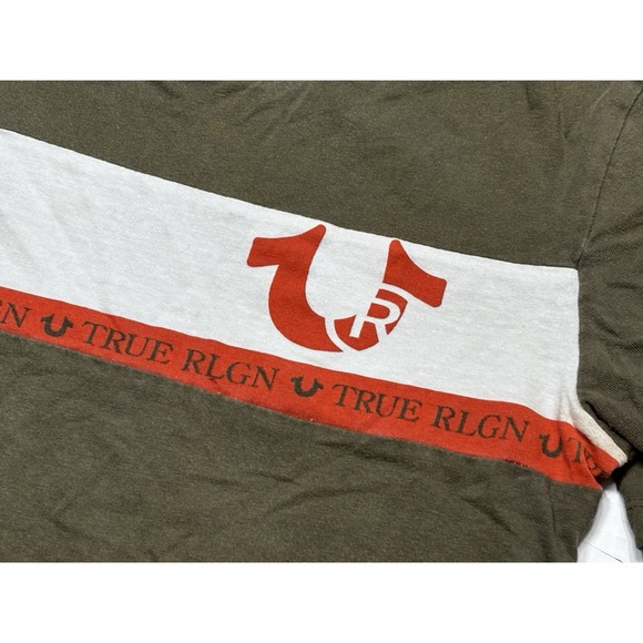 True Religion Youth Large Stripe Logo T Shirt Olive Green Graphic Tee Kids - Picture 2 of 5